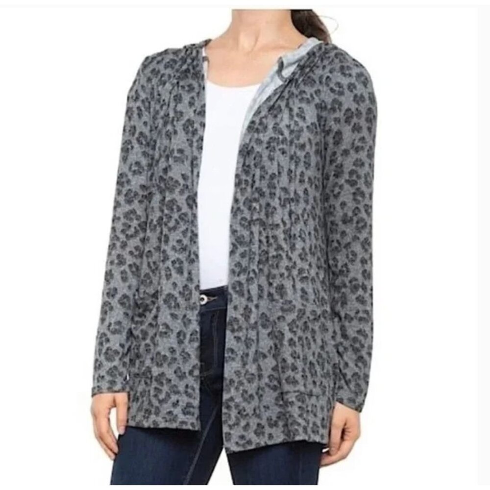 Lucky Brand Cardigan Hoodie Sweater Large Gray Leopard Print Loungewear